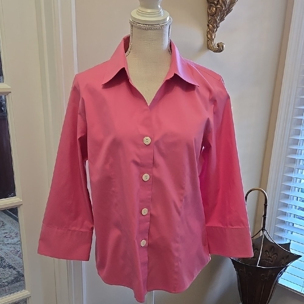 TALBOTS Rose Pink Button-Up Wrinkle Resistant Blouse 100% cotton size 12…EUC